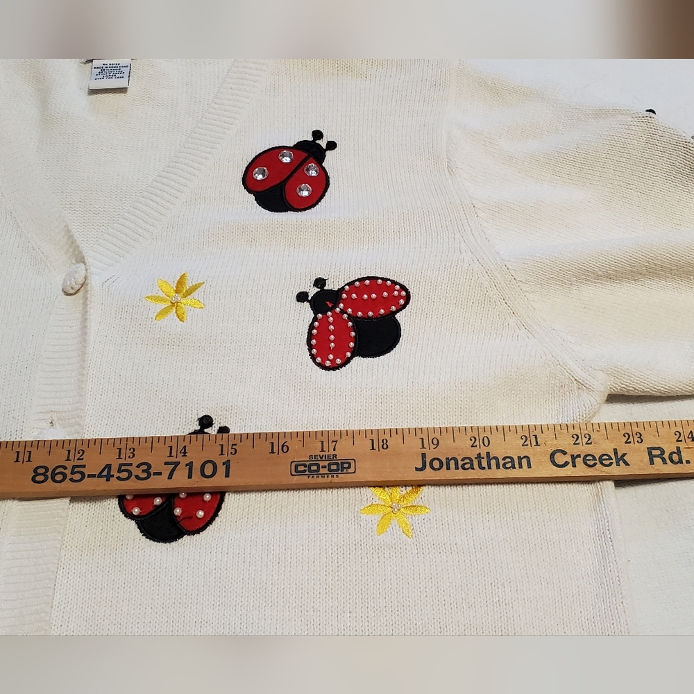 BonWorth Womens Cardigan with Ladybug and Star Design. Pearl And Rhinestones SzL - Picture 6 of 7